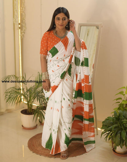 White Printed Cotton Pre-draped Saree
