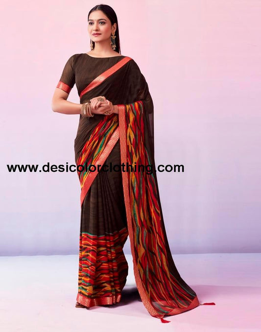 Brown Georgette Printed Saree