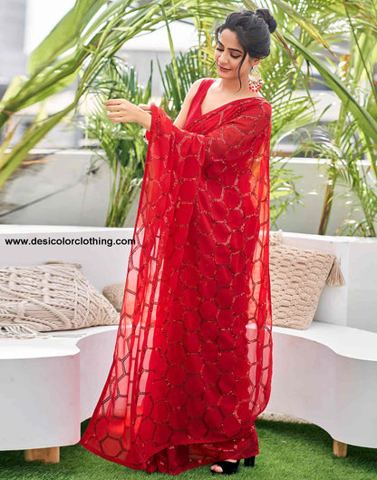 Red Georgette Sequence Saree
