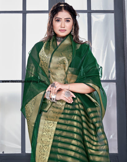 Dark Green Plain Organza Saree