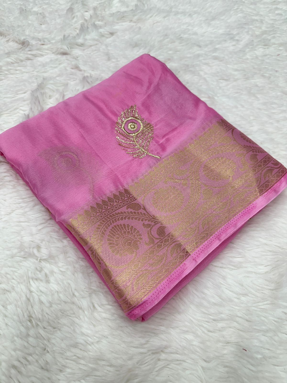 Product Image - Elegant Pure Chinnon Saree with Jacquard Zari Butta and Rich Pallu | Designer Festive Wear