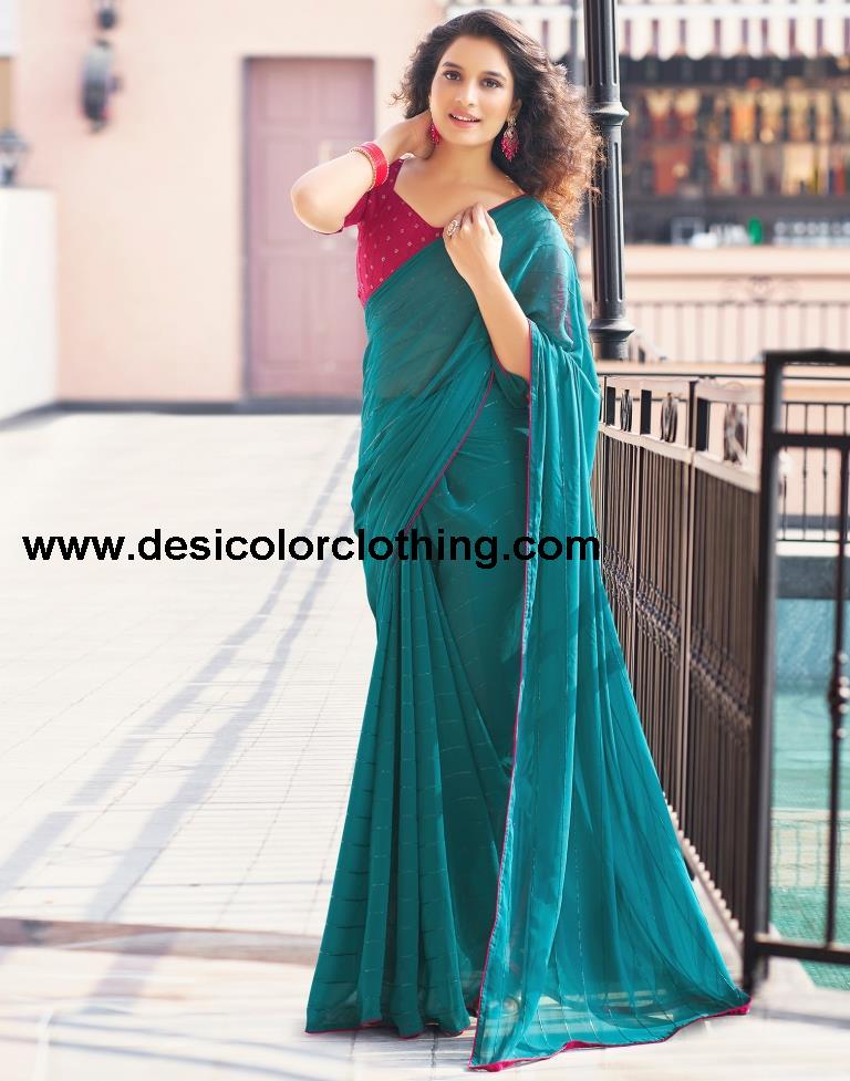 Rama Blue Plain Georgette Saree