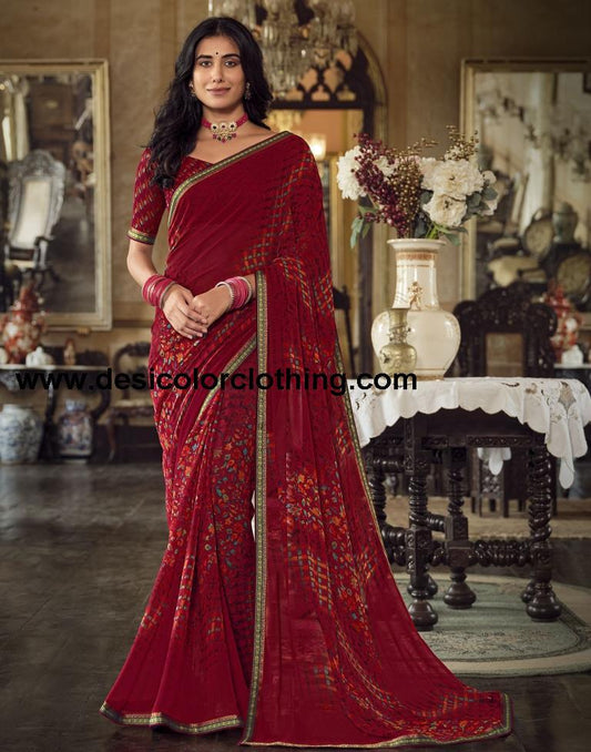 Dark Red Georgette Printed Saree