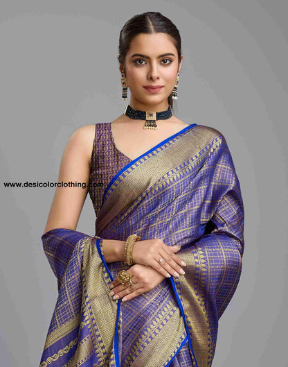 Sophisticated Dark Blue Banarasi Silk Saree with Woven Tassel Accents