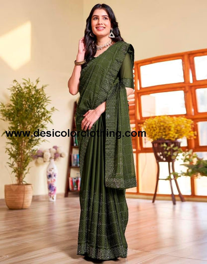 Mehndi Green Georgette Plain Saree