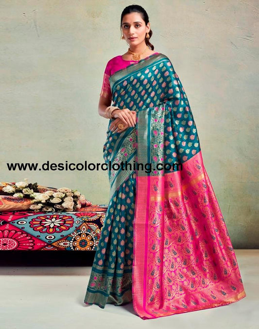 Teal Blue Silk Woven Saree