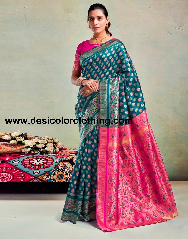 Teal Blue Silk Woven Saree