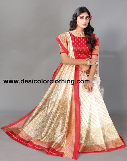 Cream Printed Silk Saree