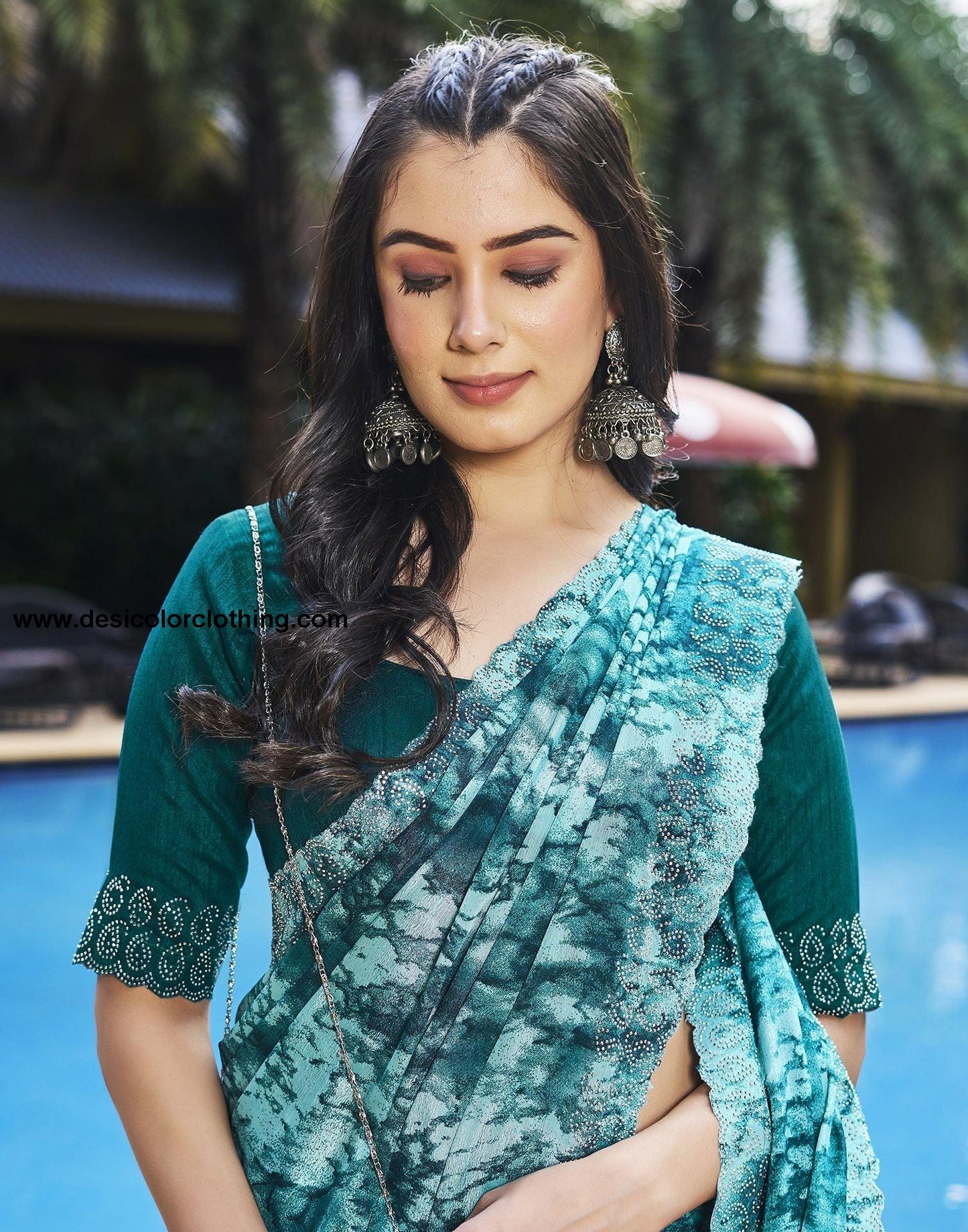 Turquoise Printed Silk Saree