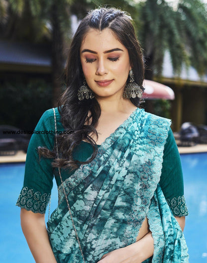 Turquoise Printed Silk Saree