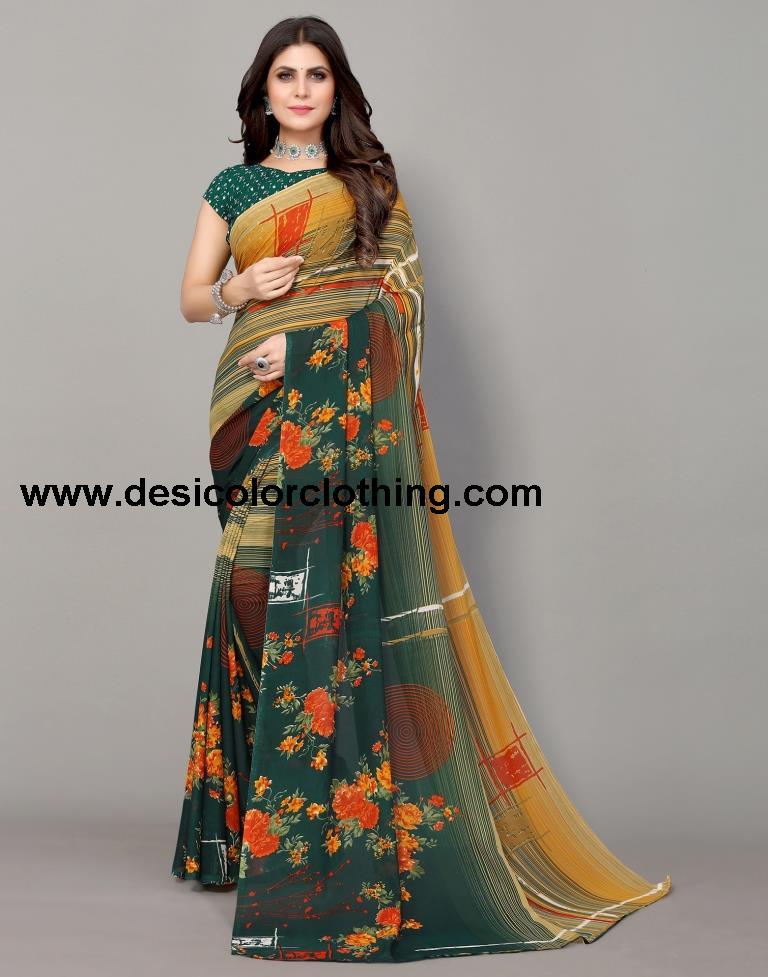 Dark Green And Beige Printed Saree