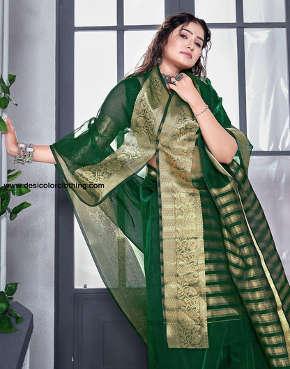 Dark Green Plain Organza Saree