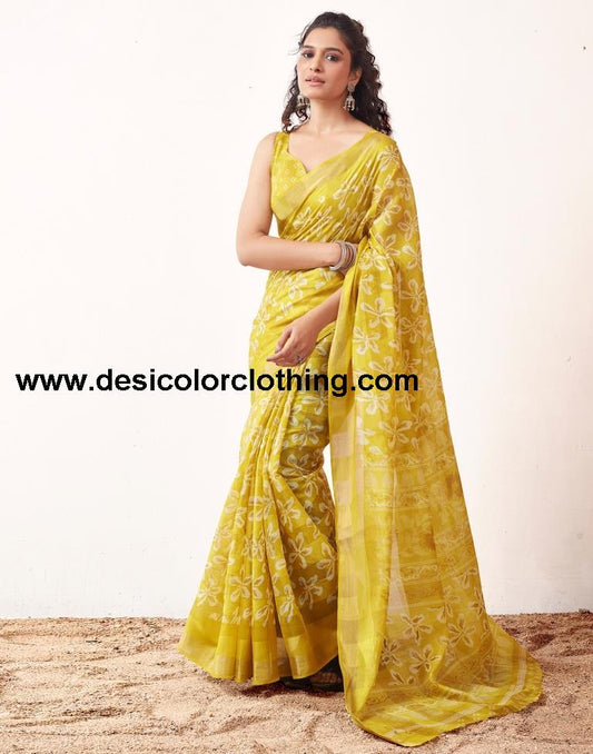 Yellow Cotton Printed Sarees