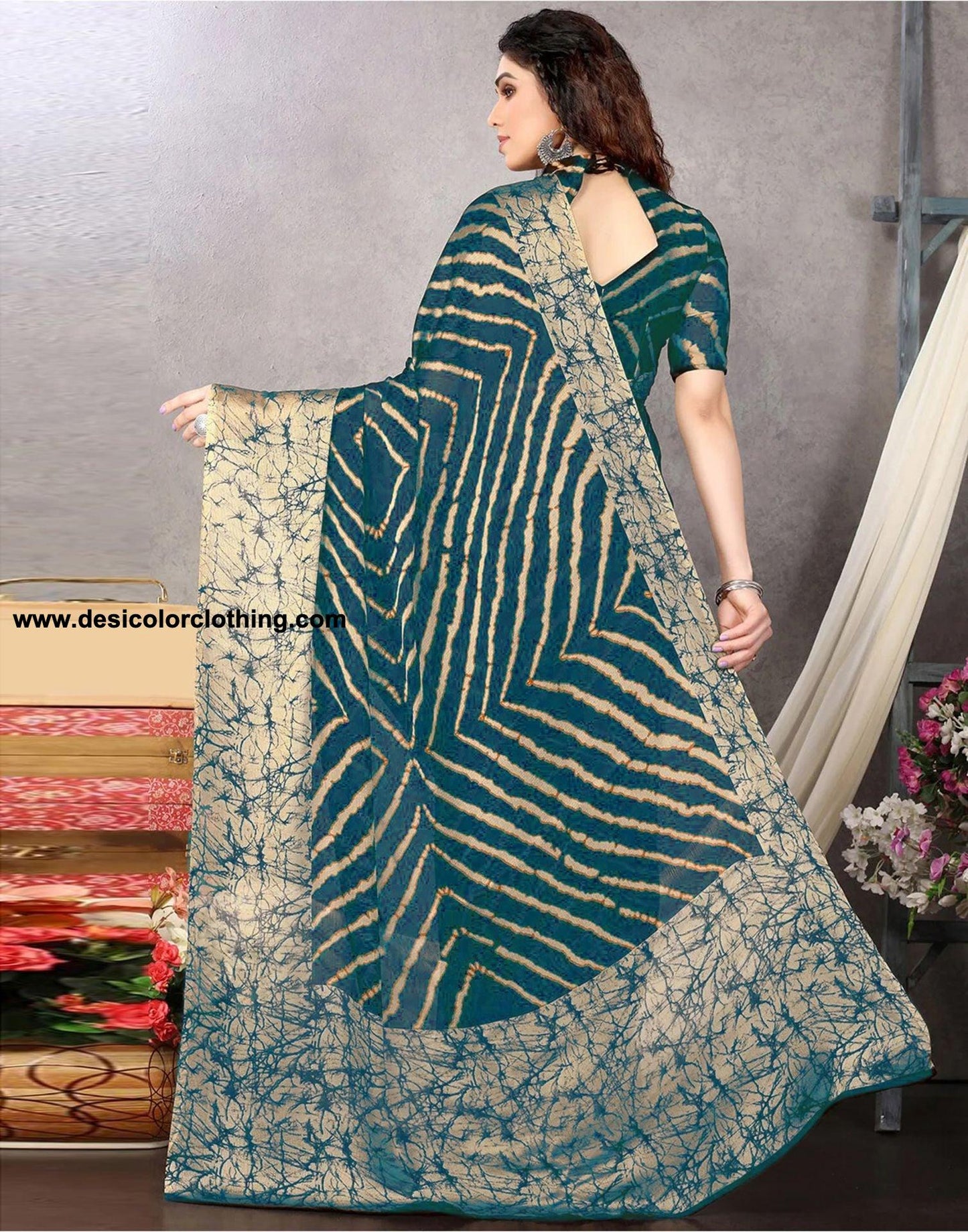 Rama Green Chiffon Printed Saree