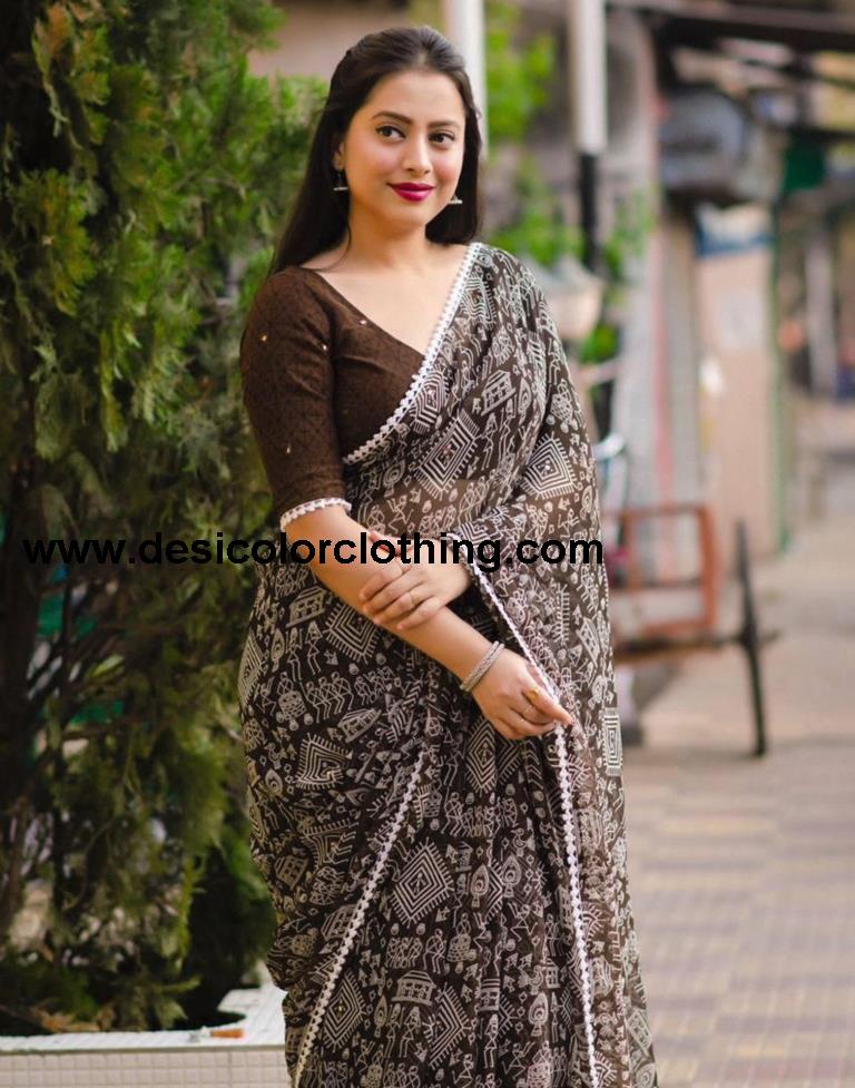 Brown Georgette Printed Saree