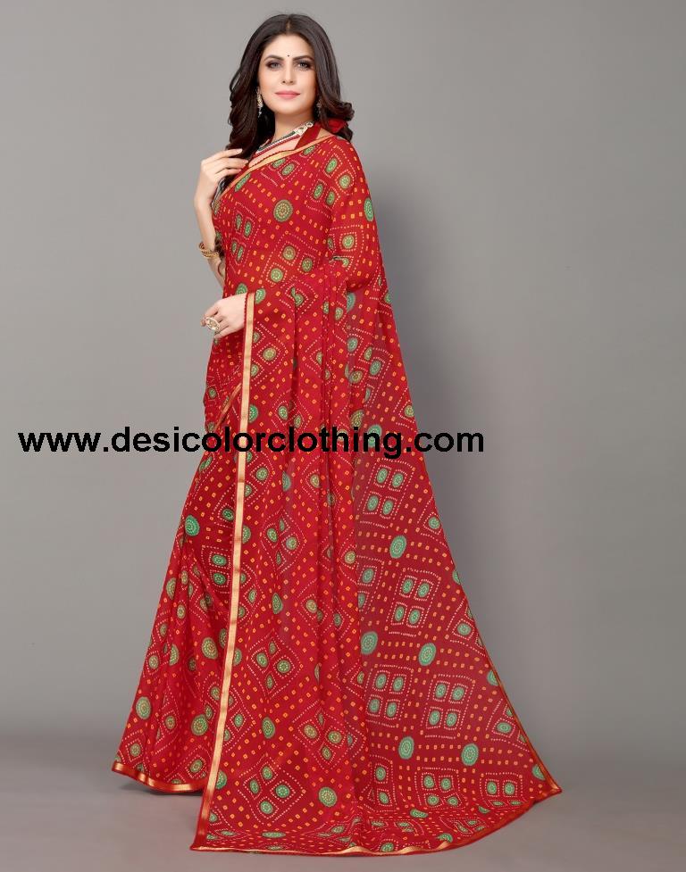 Red Bandhani Printed Saree