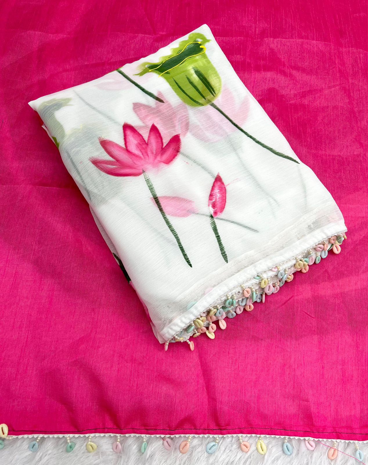 Product Image - Exquisite Chiffon Designer Saree with Lotus Handbrush Print and Multi-Colour Lace