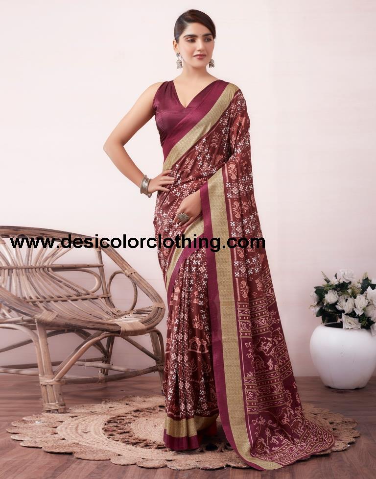 Brown Silk Printed  Saree
