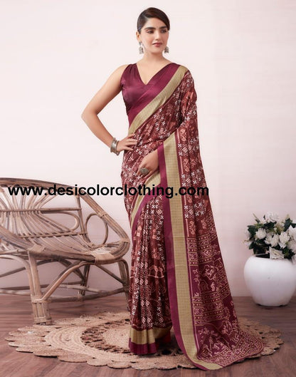 Brown Silk Printed  Saree