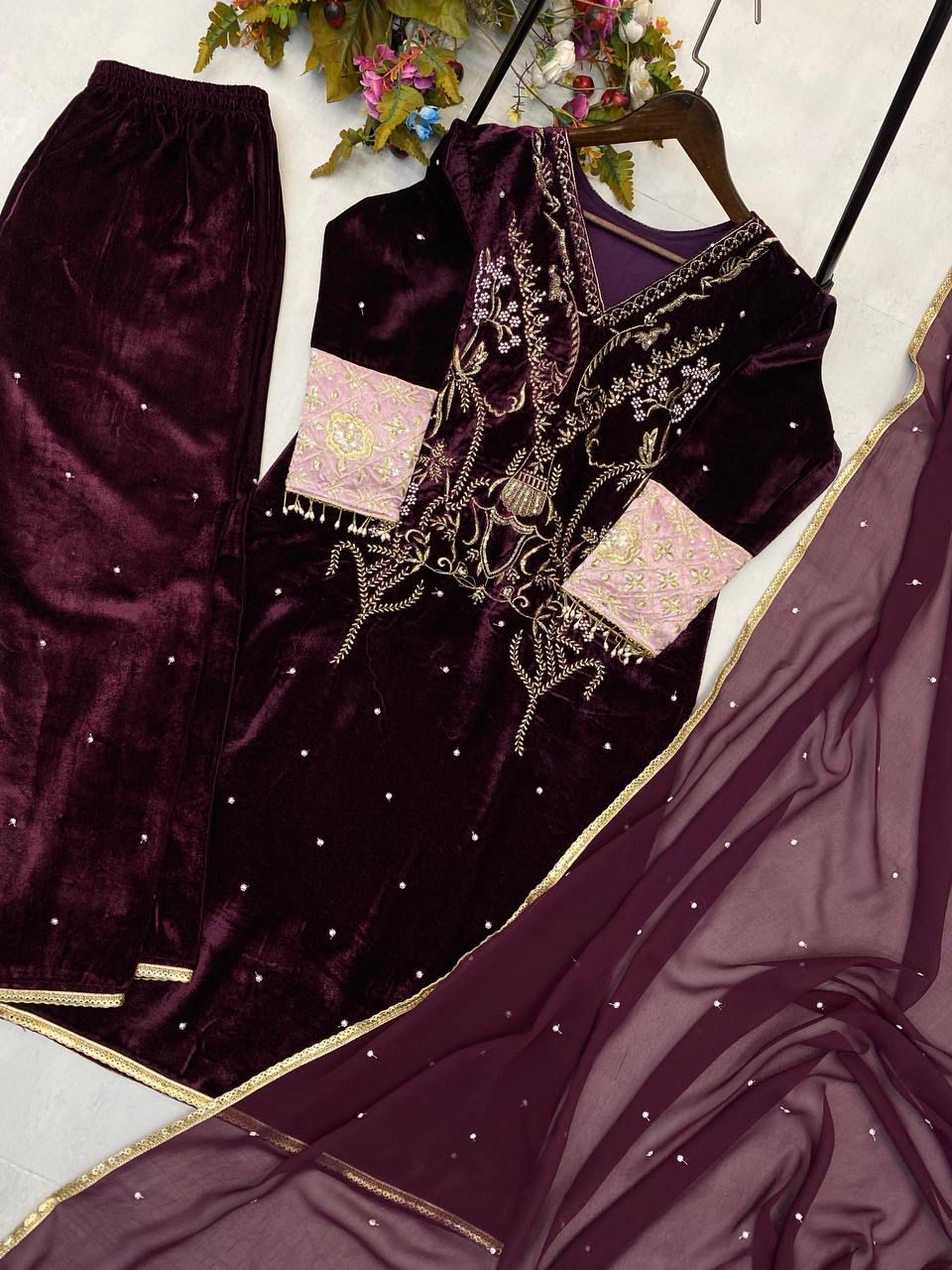 Product Image - Designer Velvet Sequence Embroidery Suit with Dupatta