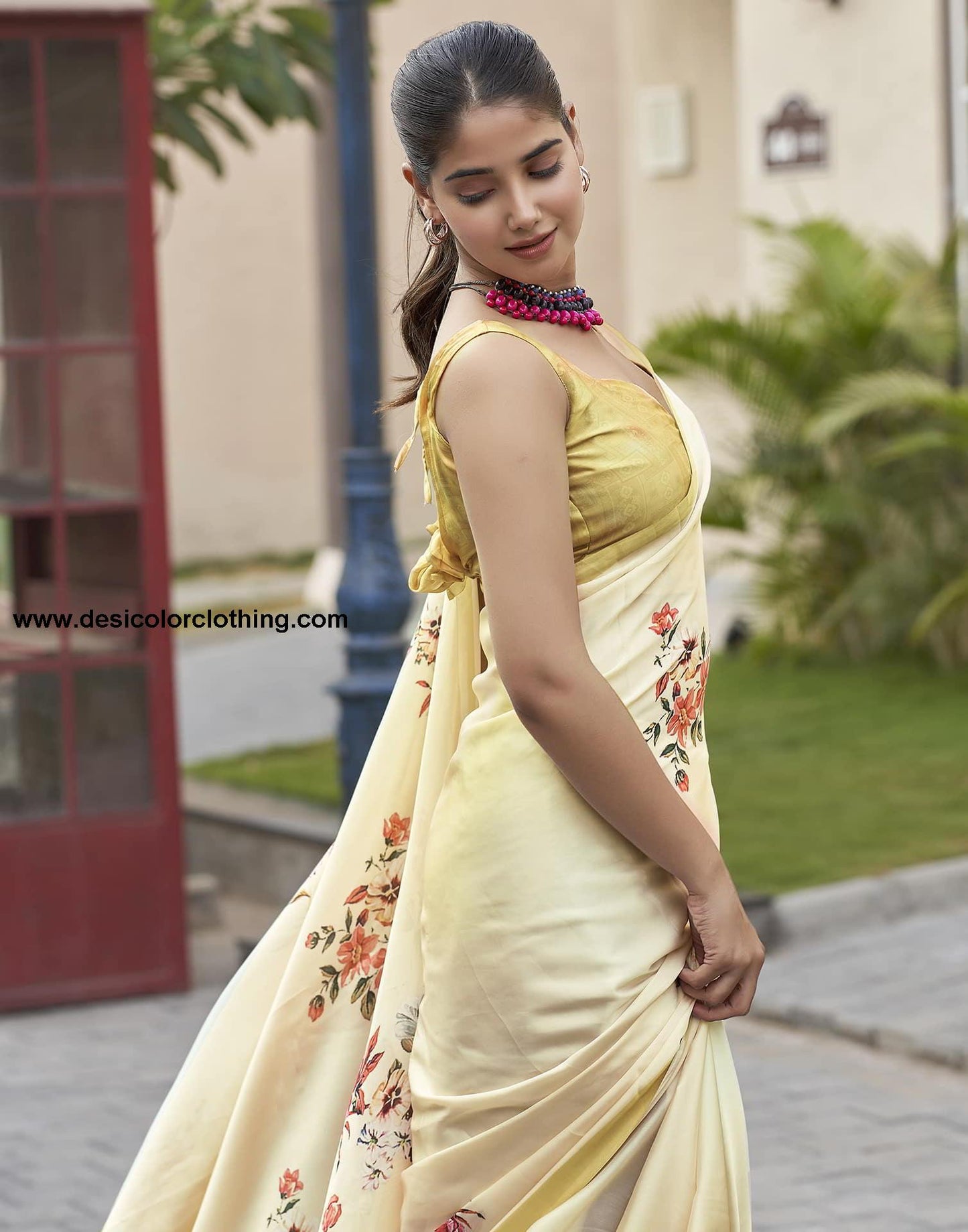 Cream Printed Satin Saree