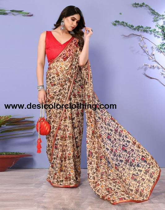 Beige Chiffon Printed Saree