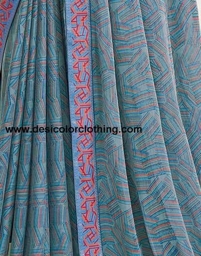 Dusty Blue Chiffon Printed Saree