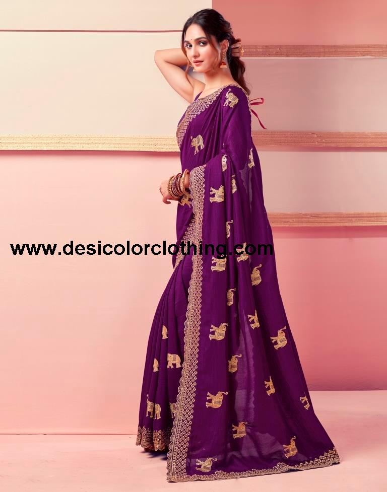 Dark Magenta Silk Embroidery Saree