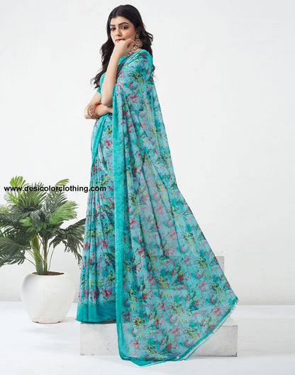 Turquoise Printed Georgette Saree