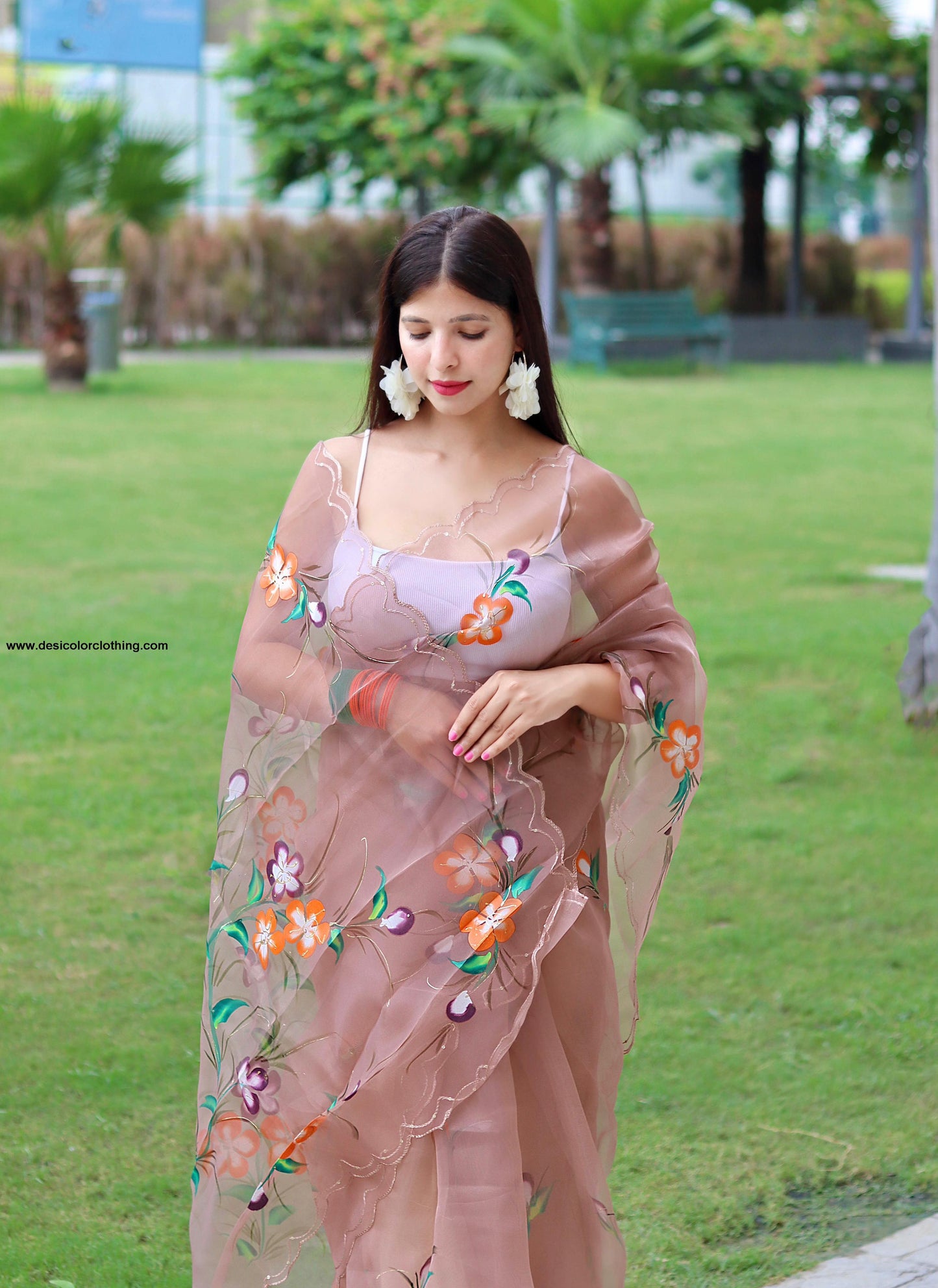 Beautiful Hand-Painted Organza Silk Saree – A Blend of Artistry and Elegance