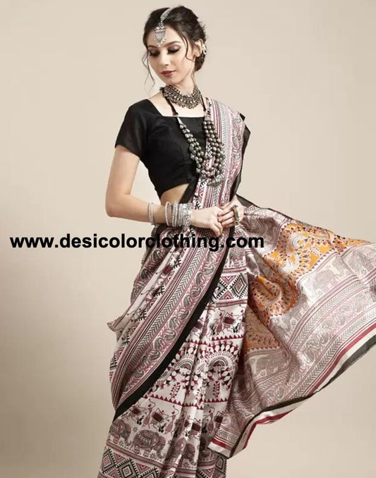 White Silk Printed Sarees