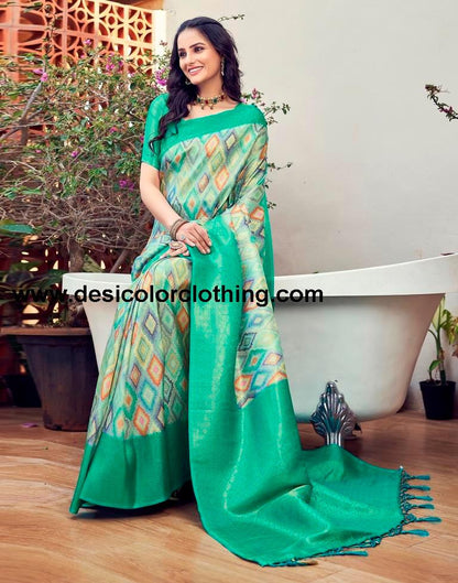 Turquoise Silk Printed Ready To Wear