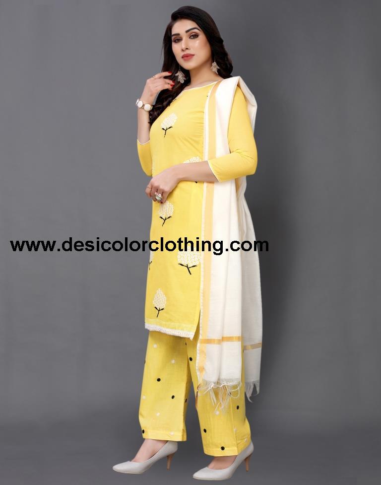 Yellow Cotton Embroidered Unstitched Salwar Suit