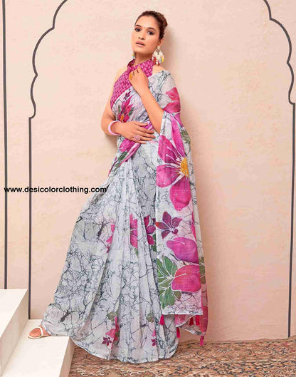White Cotton Printed Saree