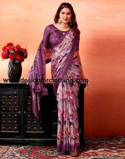 Dark Purple Silk Printed Sarees