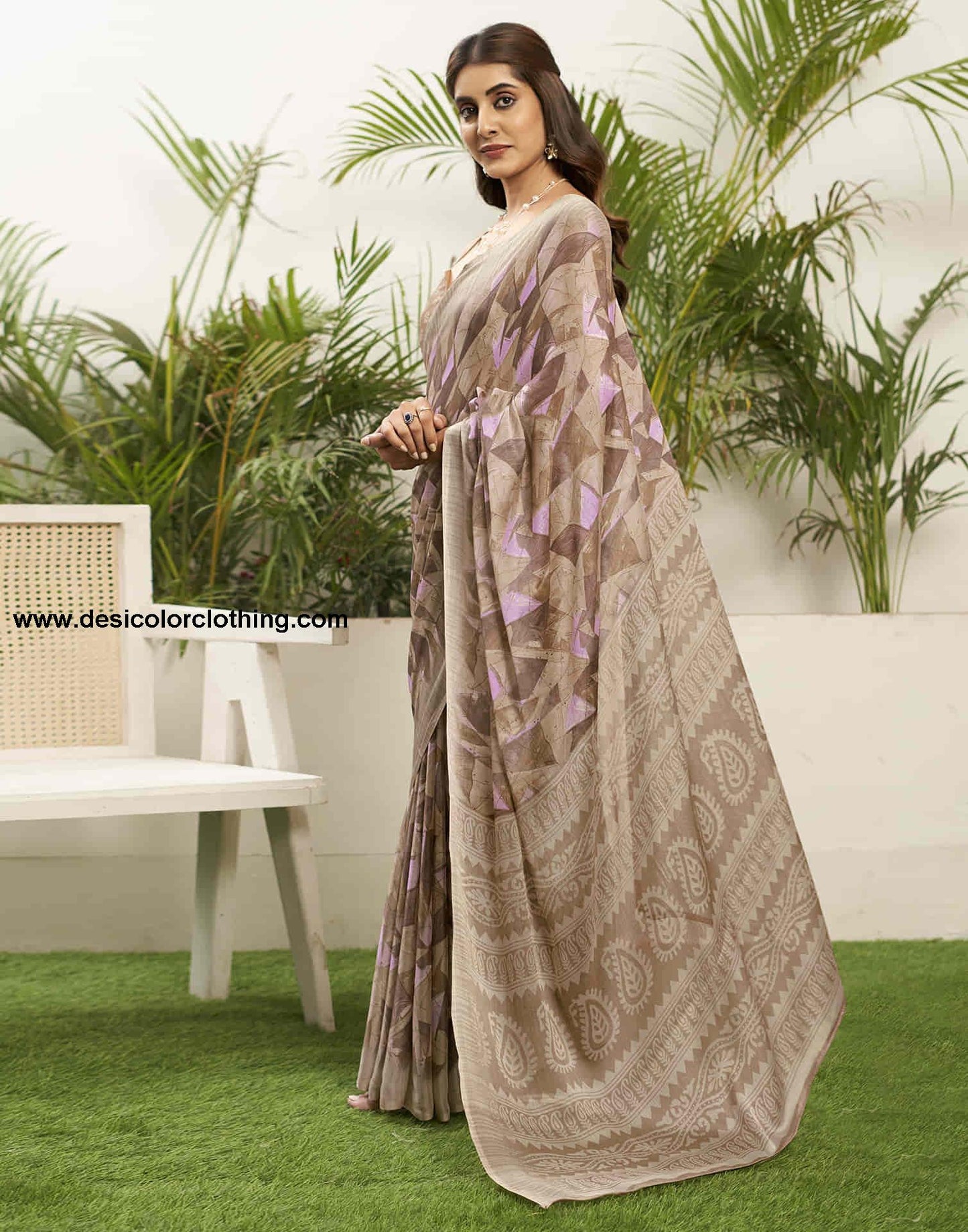 Beige Chiffon Printed Saree