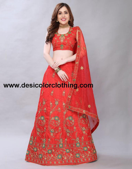 Peppy Red Coloured Poly Silk Embroidered Casual Wear Lehenga | SLV119L10399