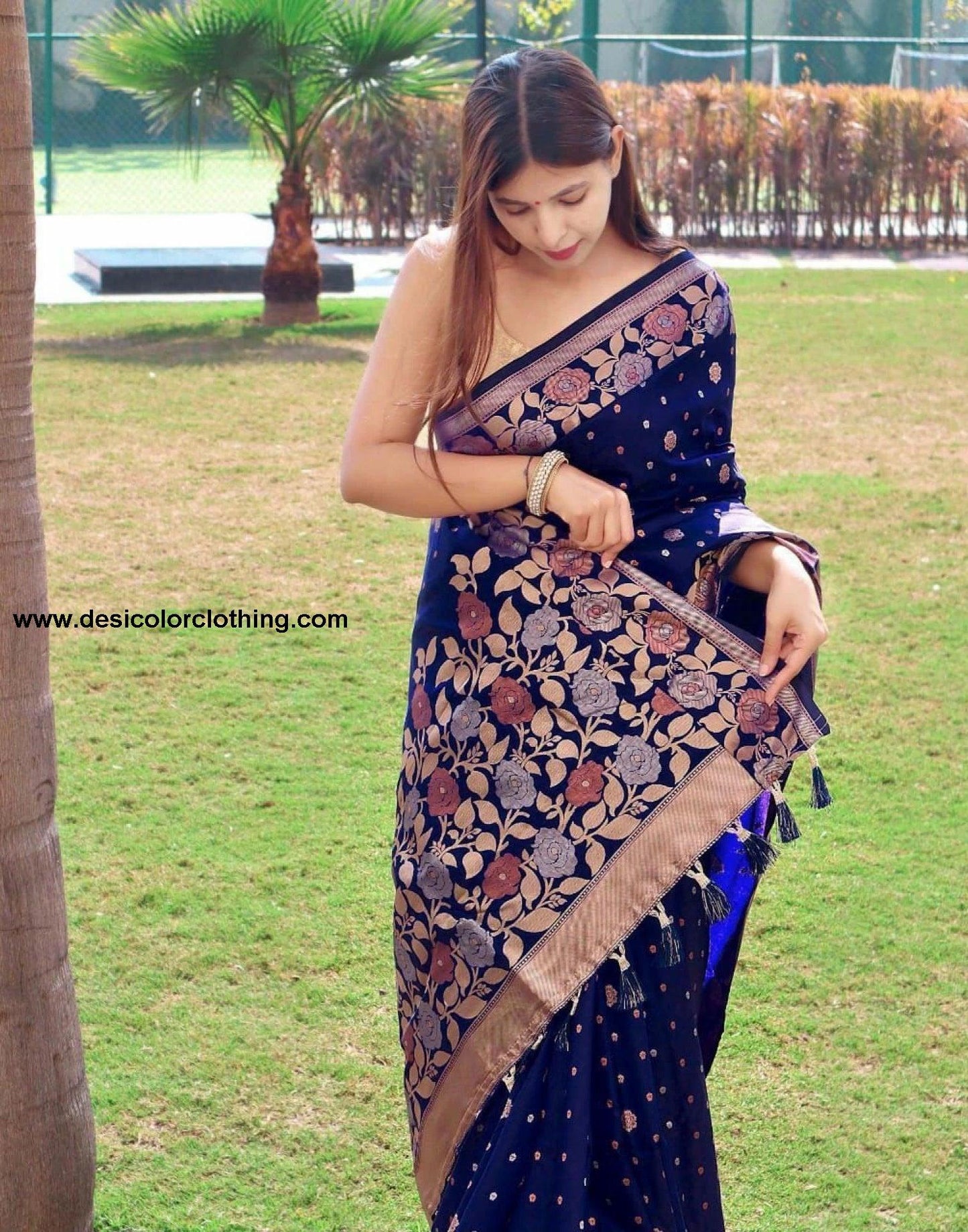 Blue & Golden Poly Silk Saree with Jacquard Border