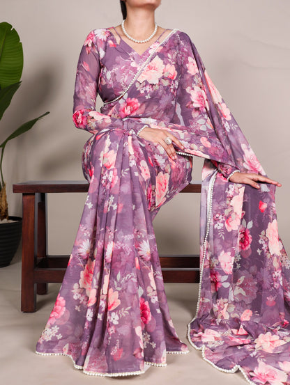 Product Image - Elegant Weightless Marbal Georgette Saree with Pearl Lace Border