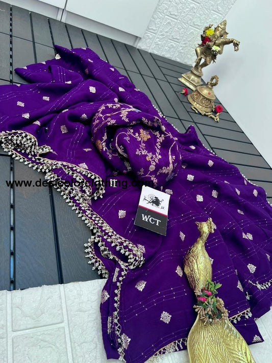 Pure viscose Russian Dola Crepe with sequence weaving and jacquard butti with pearls lace with fancy blouse