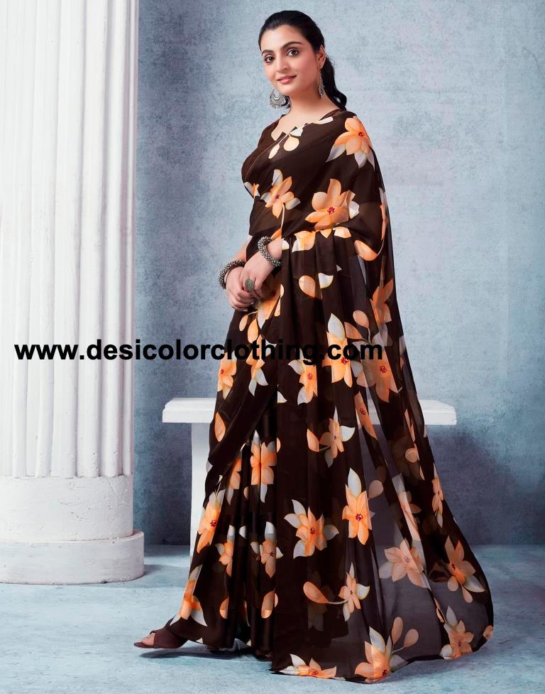 Brown Georgette Printed  Saree