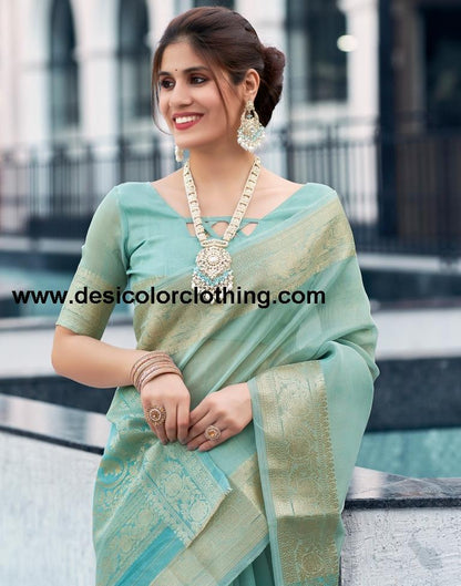 Blue Organza Woven Saree
