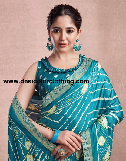 Teal Blue Silk Printed Saree