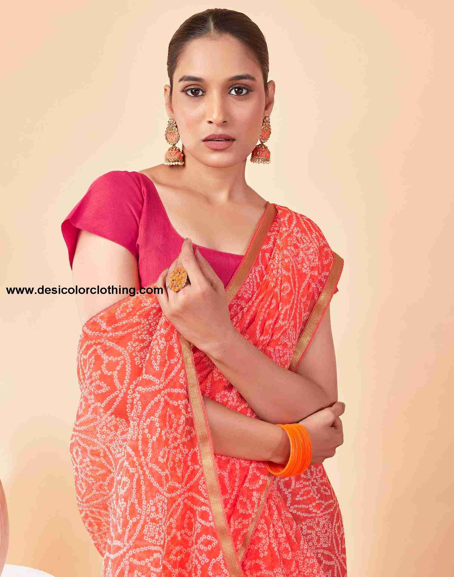 Peach Chiffon Printed Saree