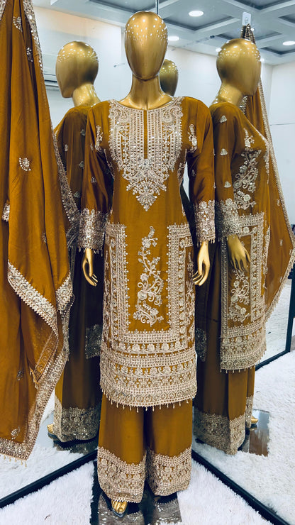 Product Image - Designer Georgette Wedding Saree - Pure Chinnon Silk with Heavy Embroidery