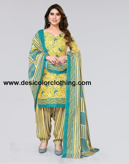 Yellow Printed Cotton Unstitched Salwar Suit Material