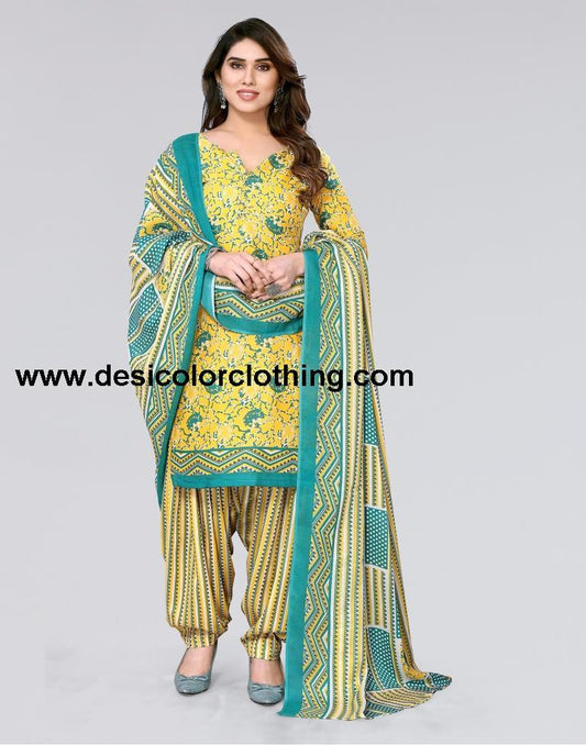 Yellow Printed Cotton Unstitched Salwar Suit Material