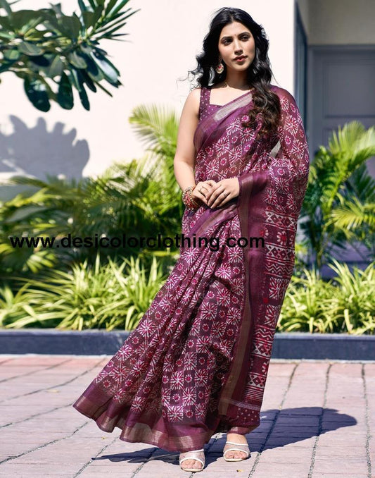 Deep Purple Printed Saree Cotton