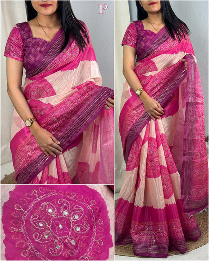 Product Image - Designer Rangeen Silk Saree with Hand Katha and Gotta Patti Work for Festive and Wedding Wear