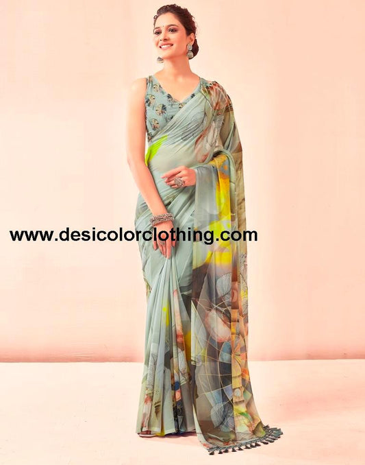 Dusty Green Georgette Printed Sarees